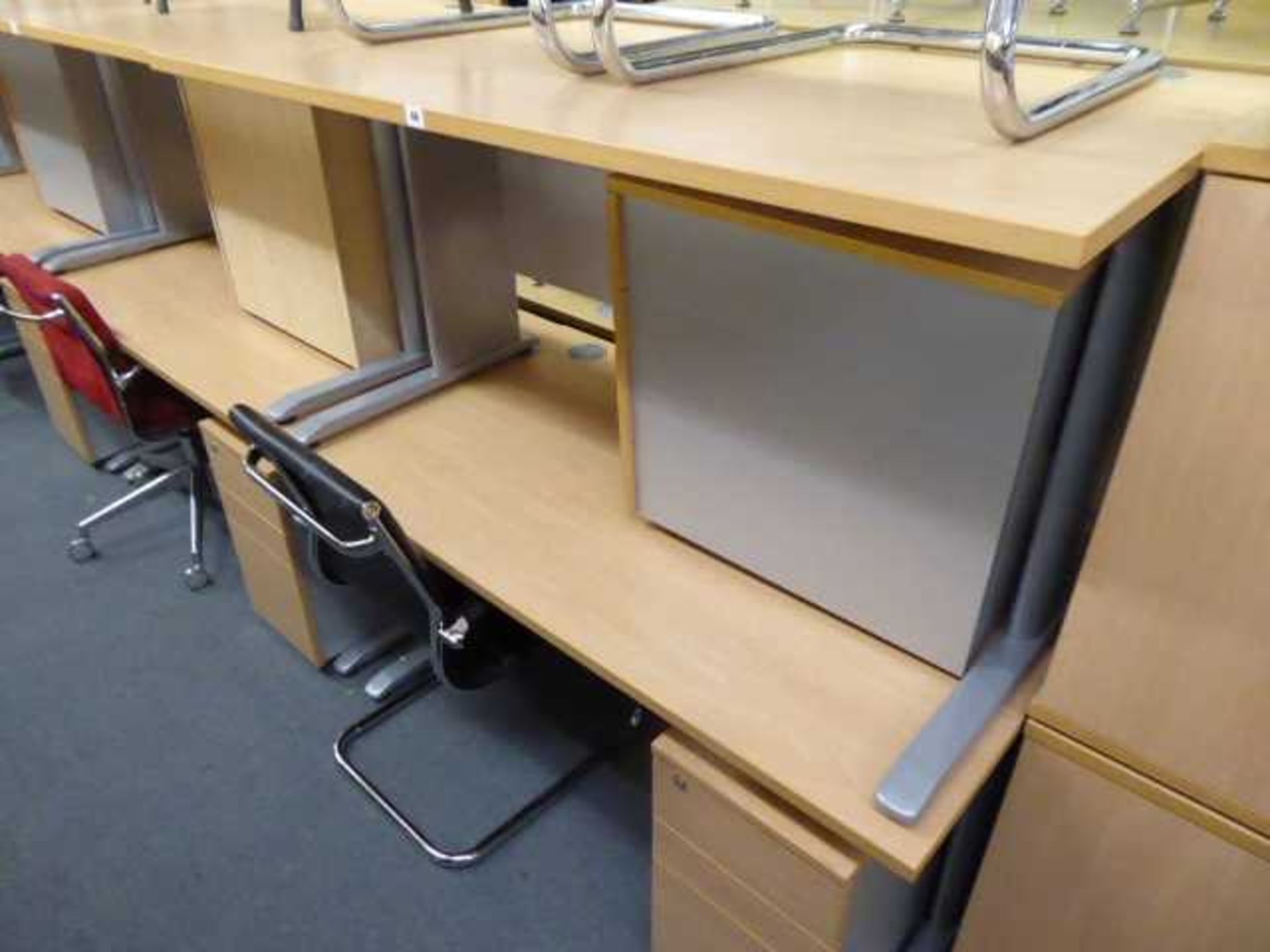 2 140cm beech straight front desks on cantilever legs with under desk 3 drawer pedestals