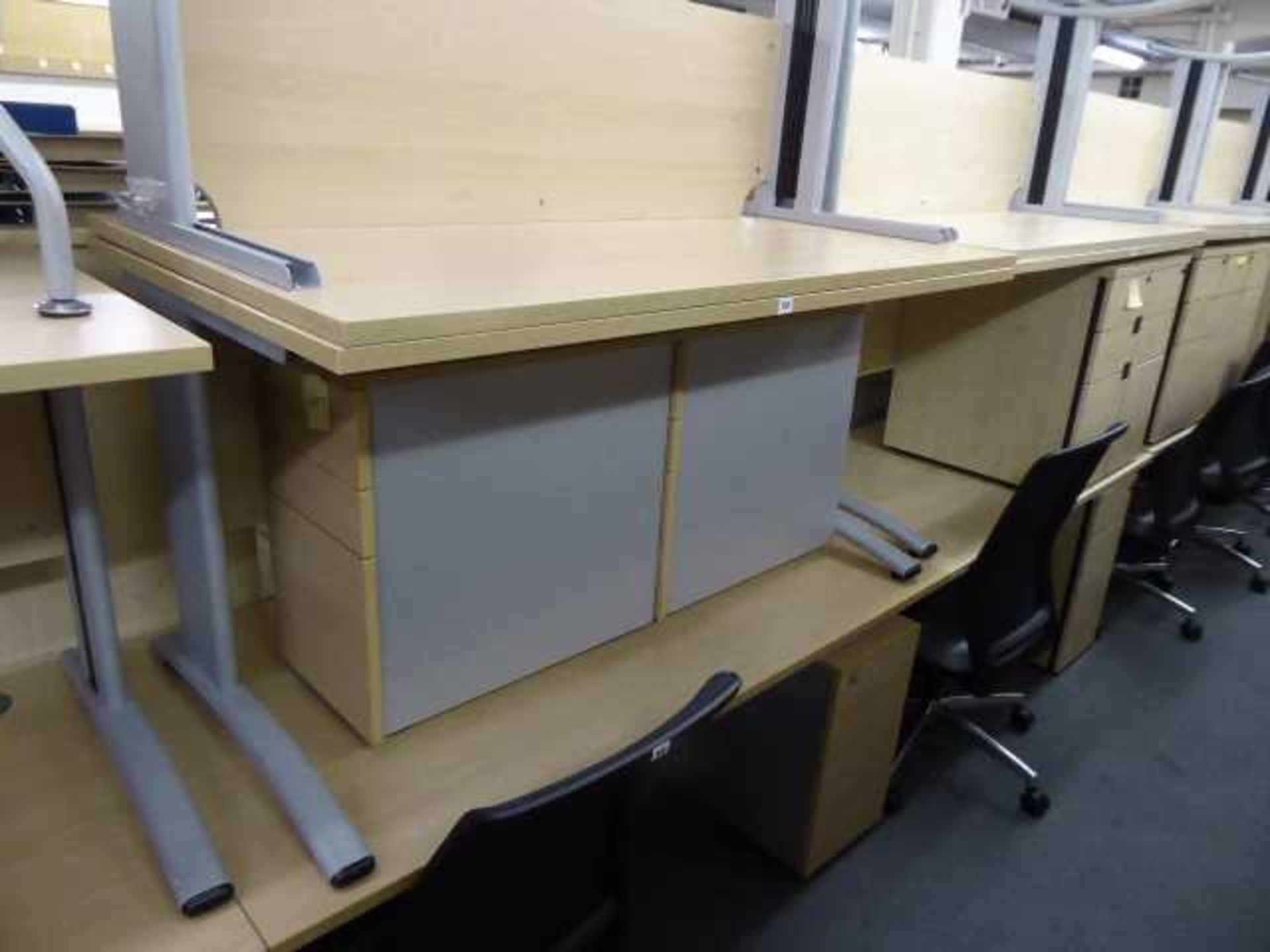 3 140cm beech straight front desks on cantilever legs with under desk 3 drawer pedestals