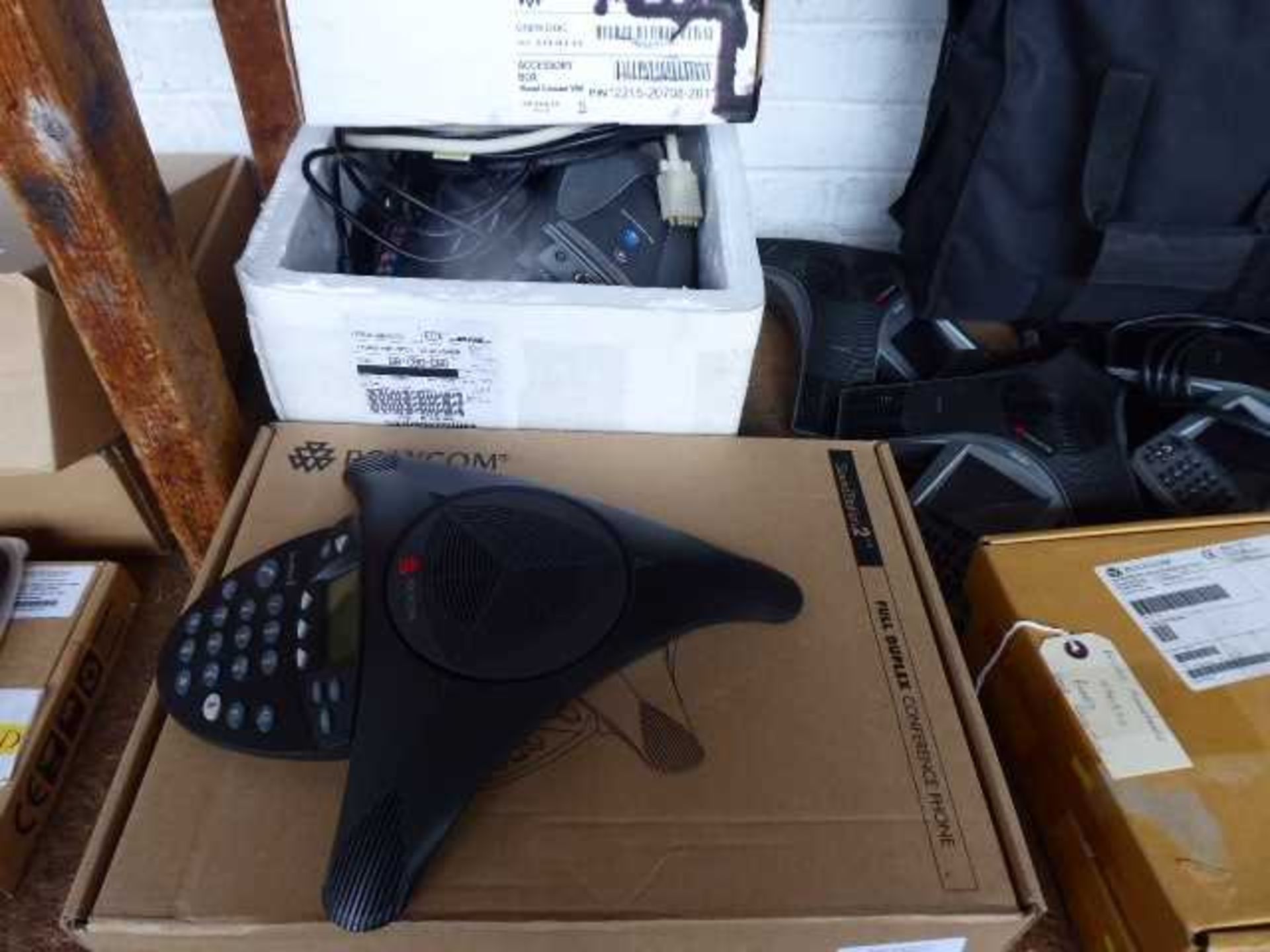 +VAT Shelf of assorted Polycom products incl. conference phones, speakers, cameras, remotes, etc. - Image 2 of 4