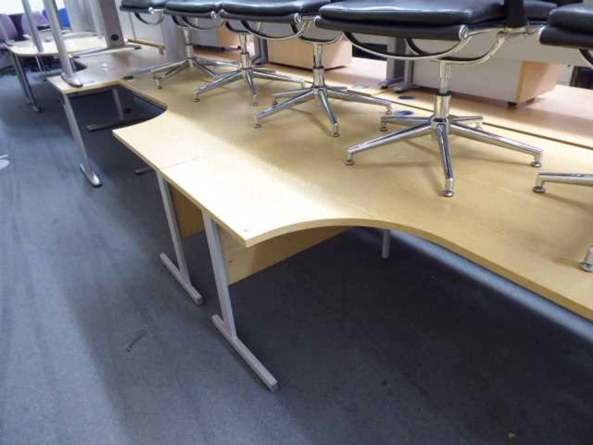 5 180cm oak cantilever tables and 2 150cm oak radial tables, each with matching desk height 3 drawer