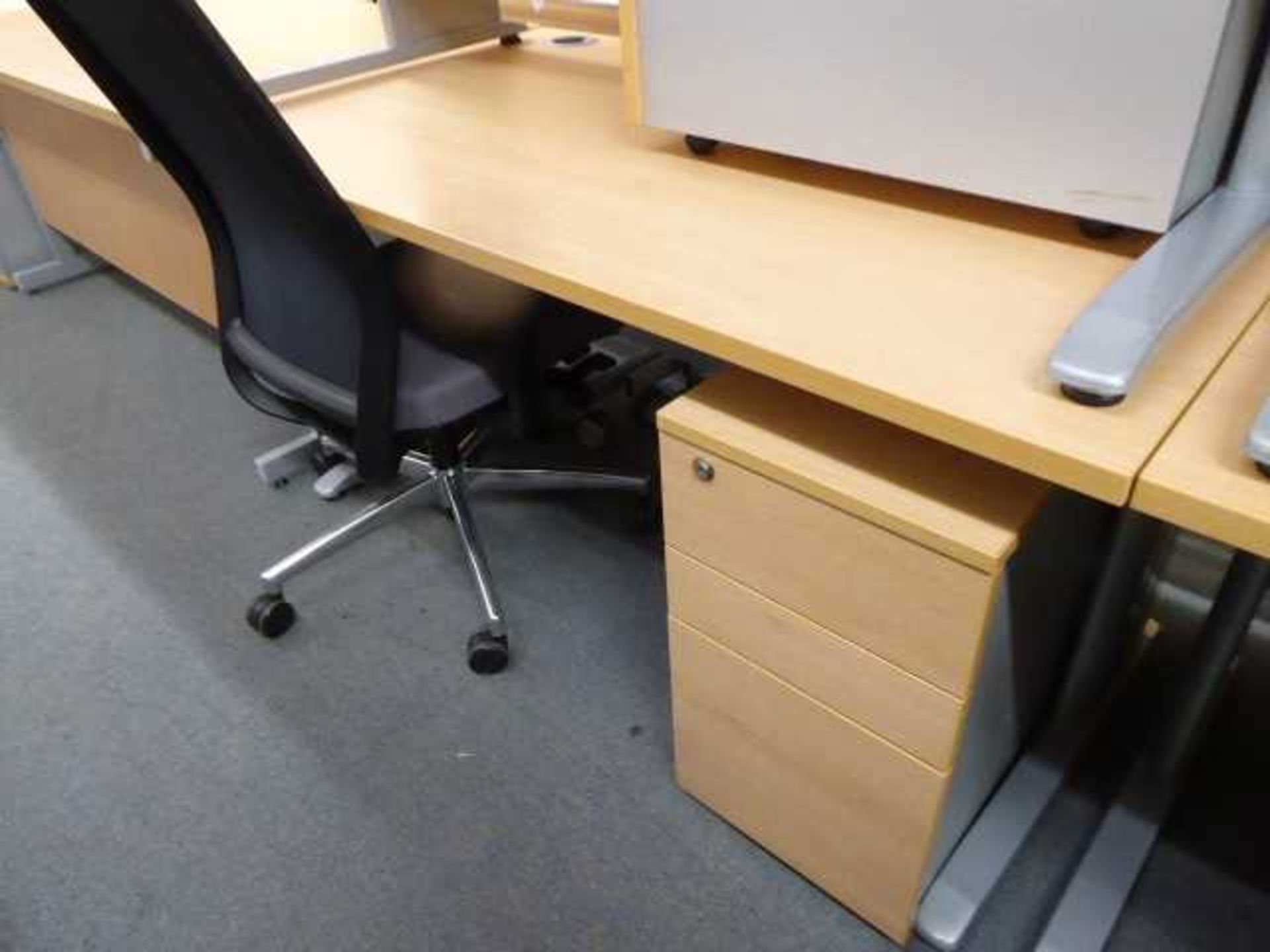 2 140cm beech straight front desks on cantilever legs with under desk 3 drawer pedestals - Image 2 of 2