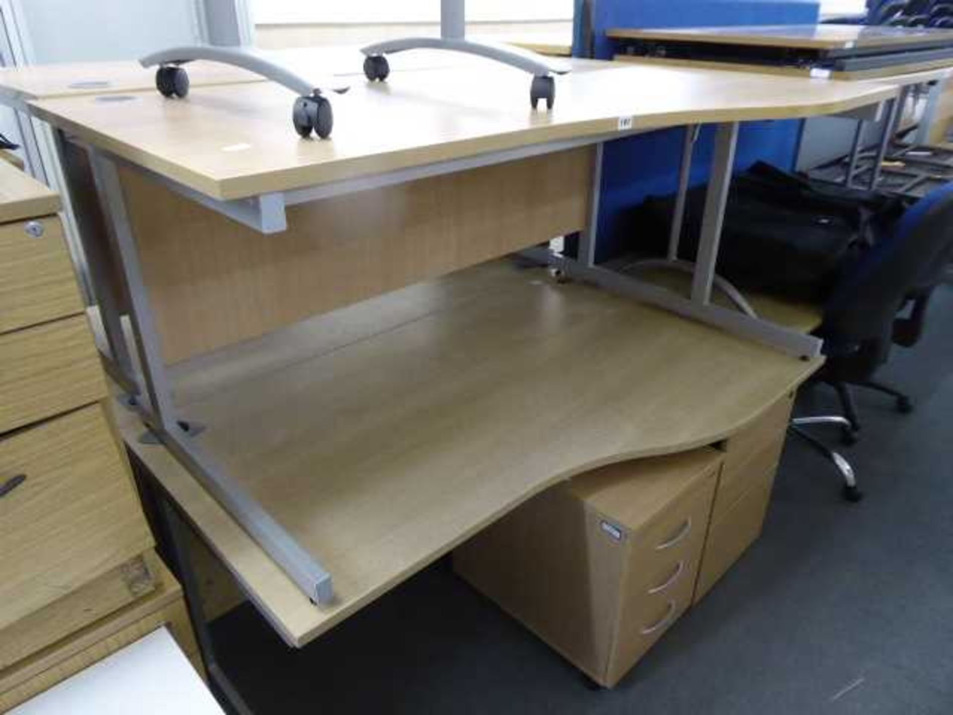 4 160cm wave front desks on cantilever legs, each with non matching pedestal