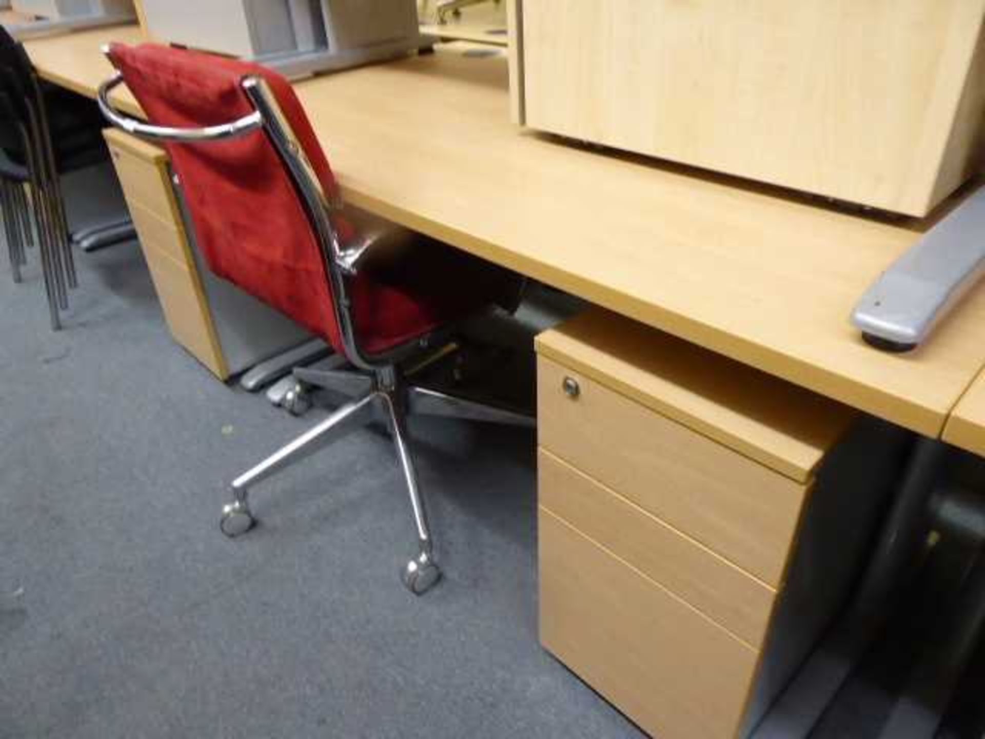 2 140cm beech straight front desks on cantilever legs with under desk 3 drawer pedestals - Image 2 of 2