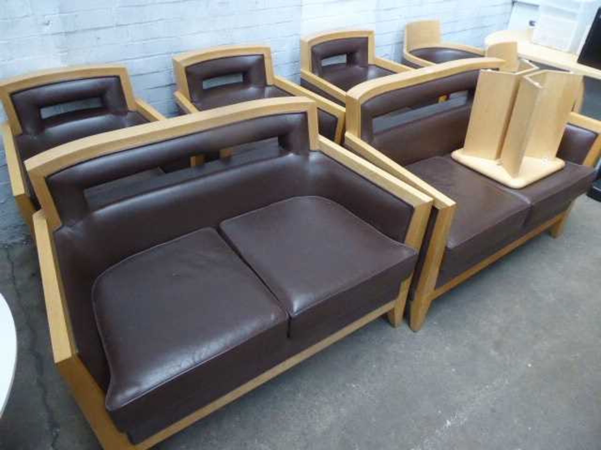 2 120cm beech frame brown leather 2 seater settees with 3 matching single armchairs and 2 smaller