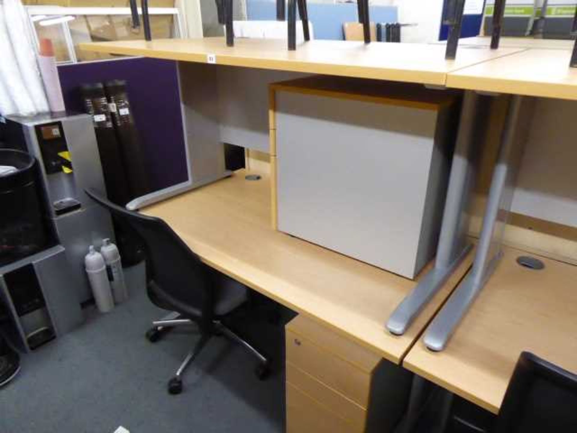 2 140cm beech straight front desks on cantilever legs with under desk 3 drawer pedestal