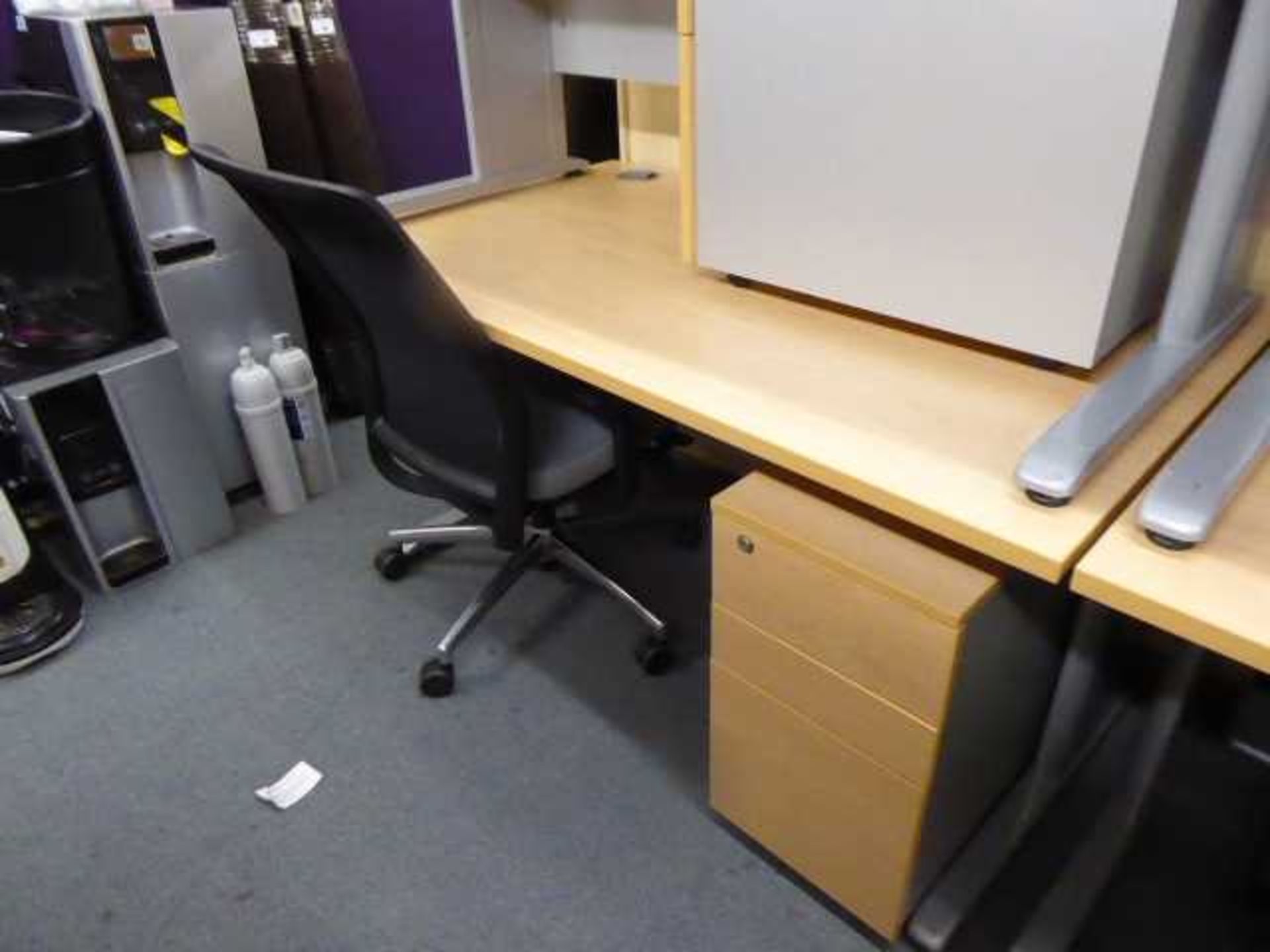 2 140cm beech straight front desks on cantilever legs with under desk 3 drawer pedestal - Image 2 of 2