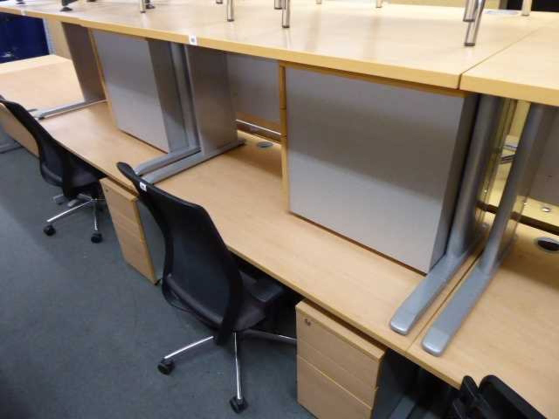 2 140cm beech straight front desks on cantilever legs with under desk 3 drawer pedestals