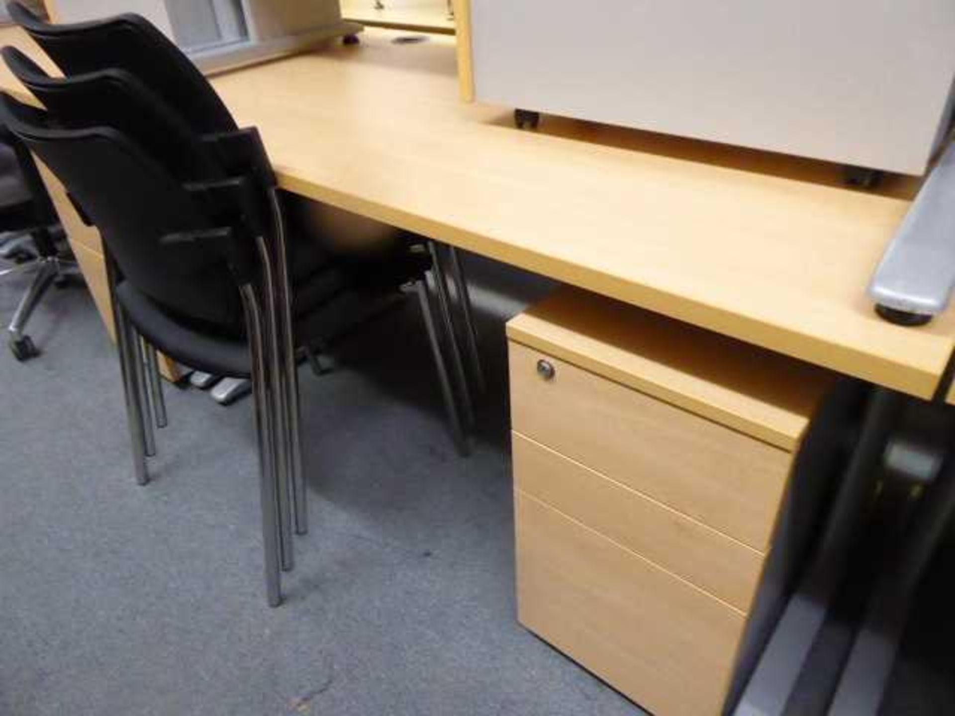 2 140cm beech straight front desks on cantilever legs with under desk 3 drawer pedestals - Image 2 of 2