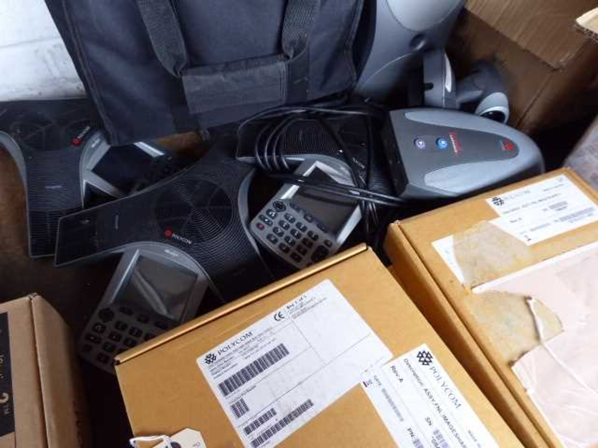 +VAT Shelf of assorted Polycom products incl. conference phones, speakers, cameras, remotes, etc. - Image 3 of 4