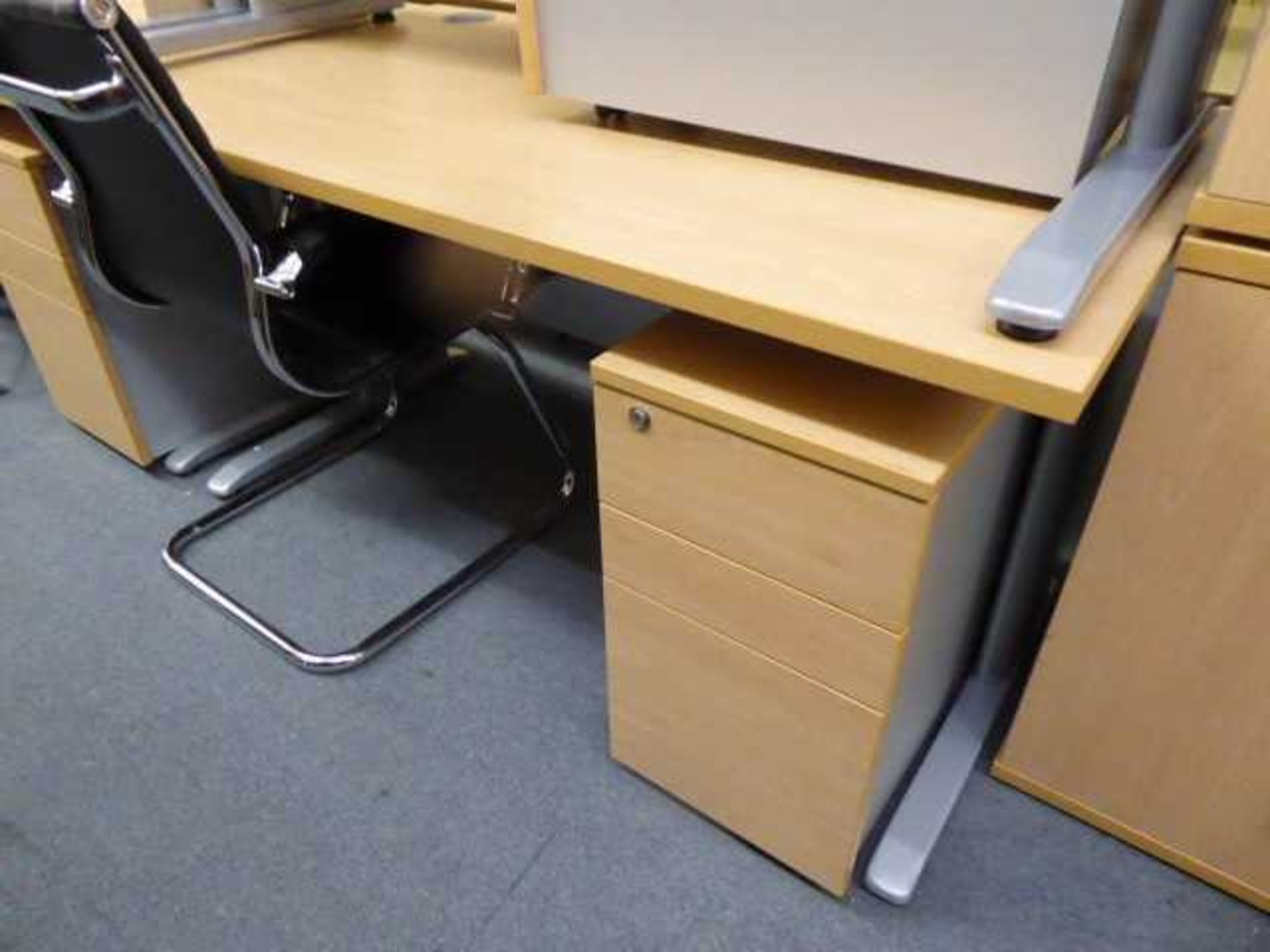 2 140cm beech straight front desks on cantilever legs with under desk 3 drawer pedestals - Image 2 of 2