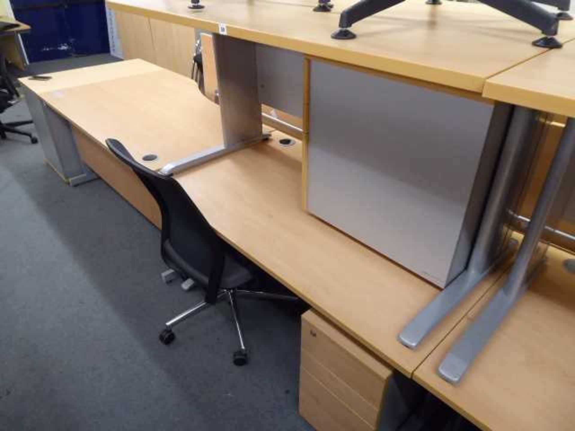 2 140cm beech straight front desks on cantilever legs with under desk 3 drawer pedestals