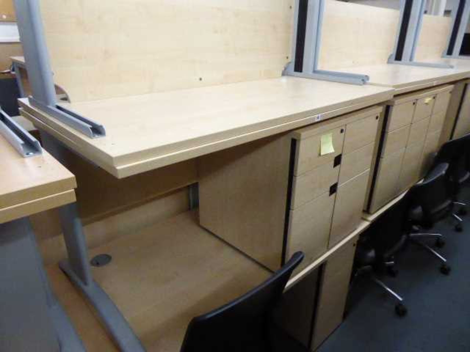 3 140cm maple finish straight front desks on cantilever legs with under desk 3 drawer pedestals