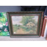 Framed and glazed print of country scene with cottage plus horse and cart