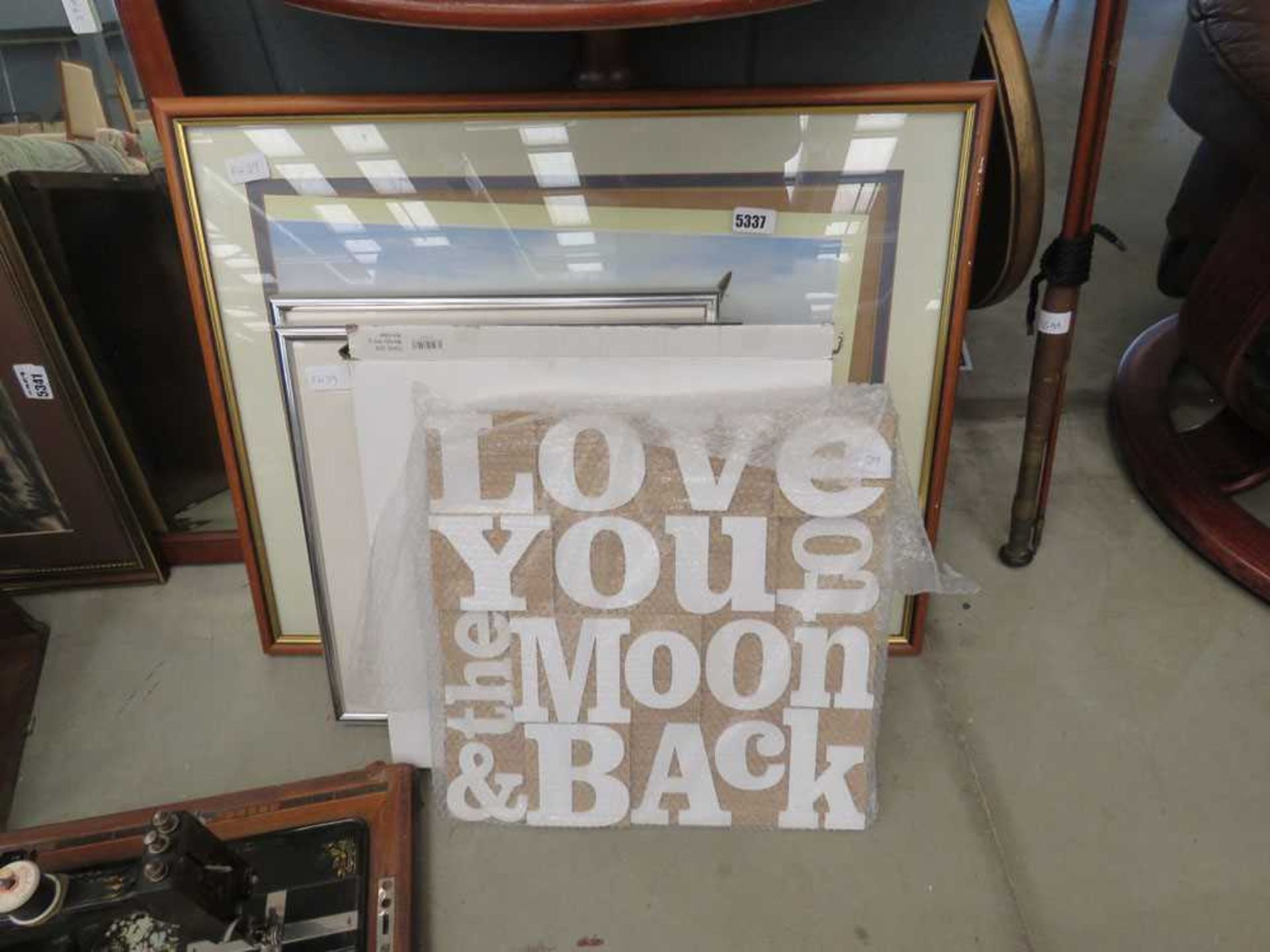 Print of a Spitfire plus 2 modern abstract wall hangings and a 'Love You' sign