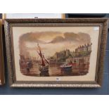 Modern oil on canvas of harbour scene with fishing boats