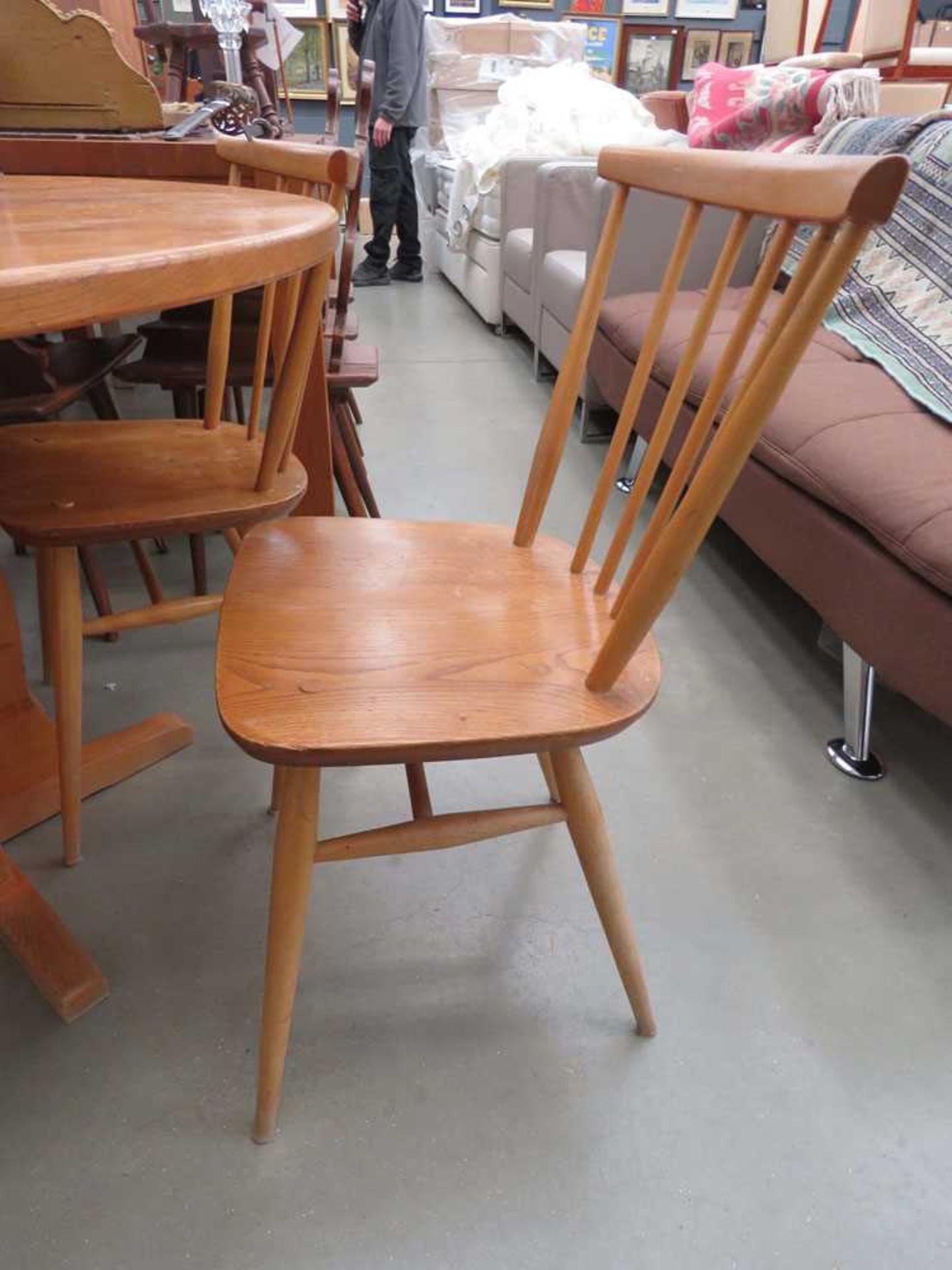 Circular pine table plus 4 stickback Ercol chairs - Image 2 of 2