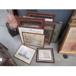 Quantity of framed and glazed prints inc. sailing ships, country houses plus map and embroideries