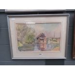 Framed and glazed David Green watercolour of Houghton Mill