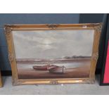 Oil on canvas of seashore with rowing boat