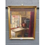 Oil on board of kitchen with copper kettle