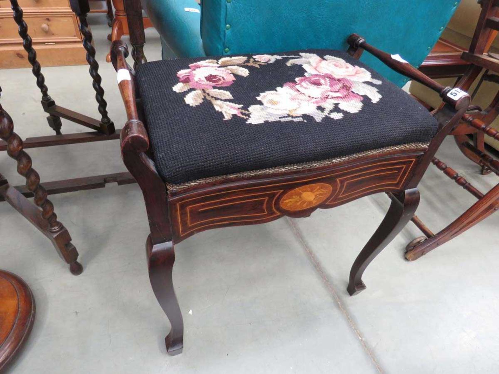 Piano stool with embroidered seat