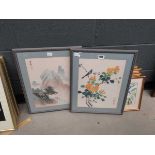 Pair of Chinese prints of bird and foliage, mountain and trees