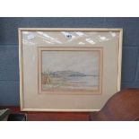 Framed and glazed watercolour - lake scene with hill and buildings