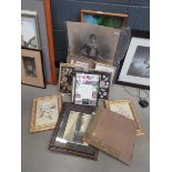 Quantity of botanical prints, photographic portraits, thatched cottage, ships at sea and country