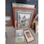 Quantity of prints and watercolours to include village street, garden statue, cathedral interior ,