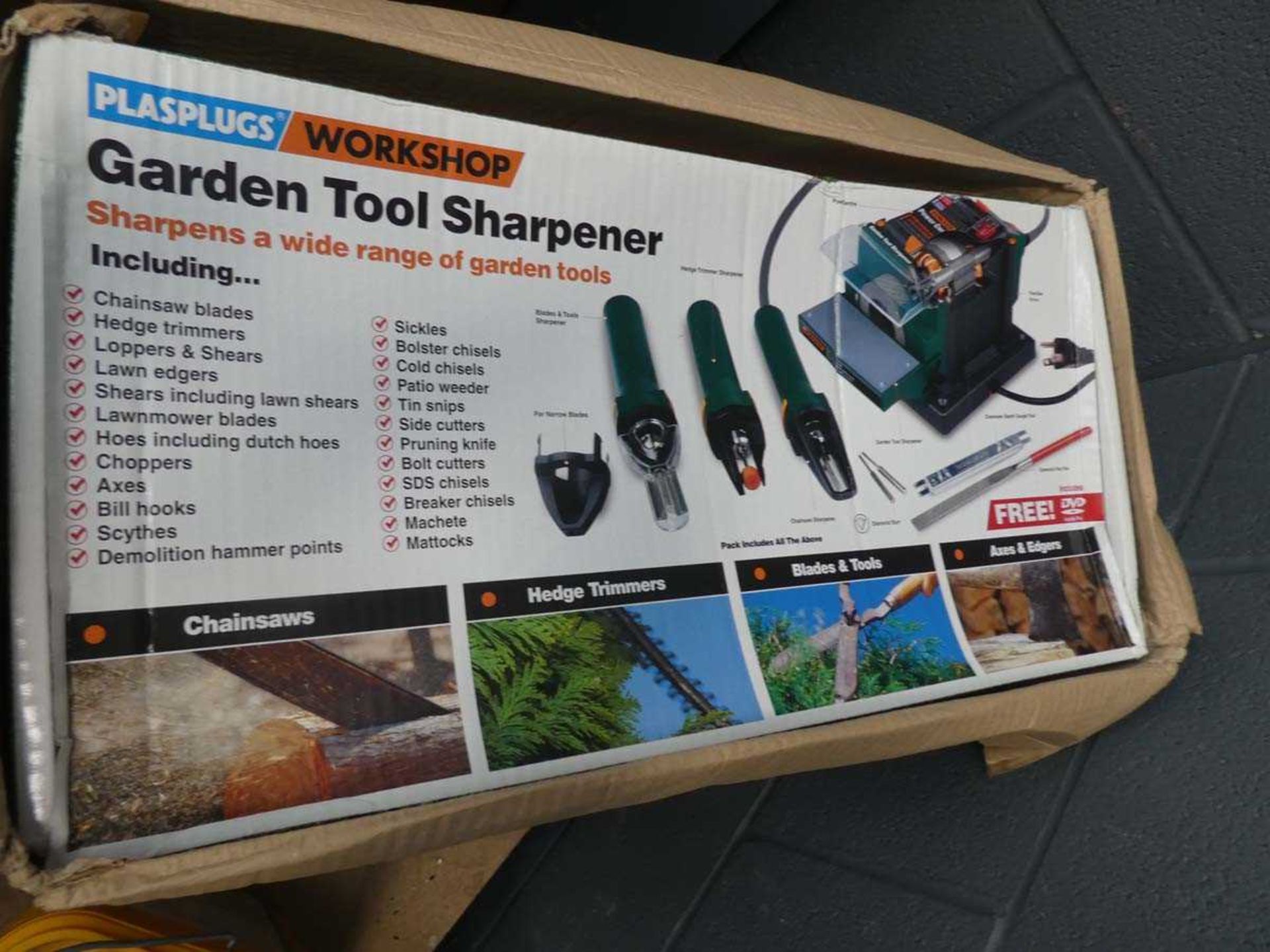 Box containing two garden tool sharpeners