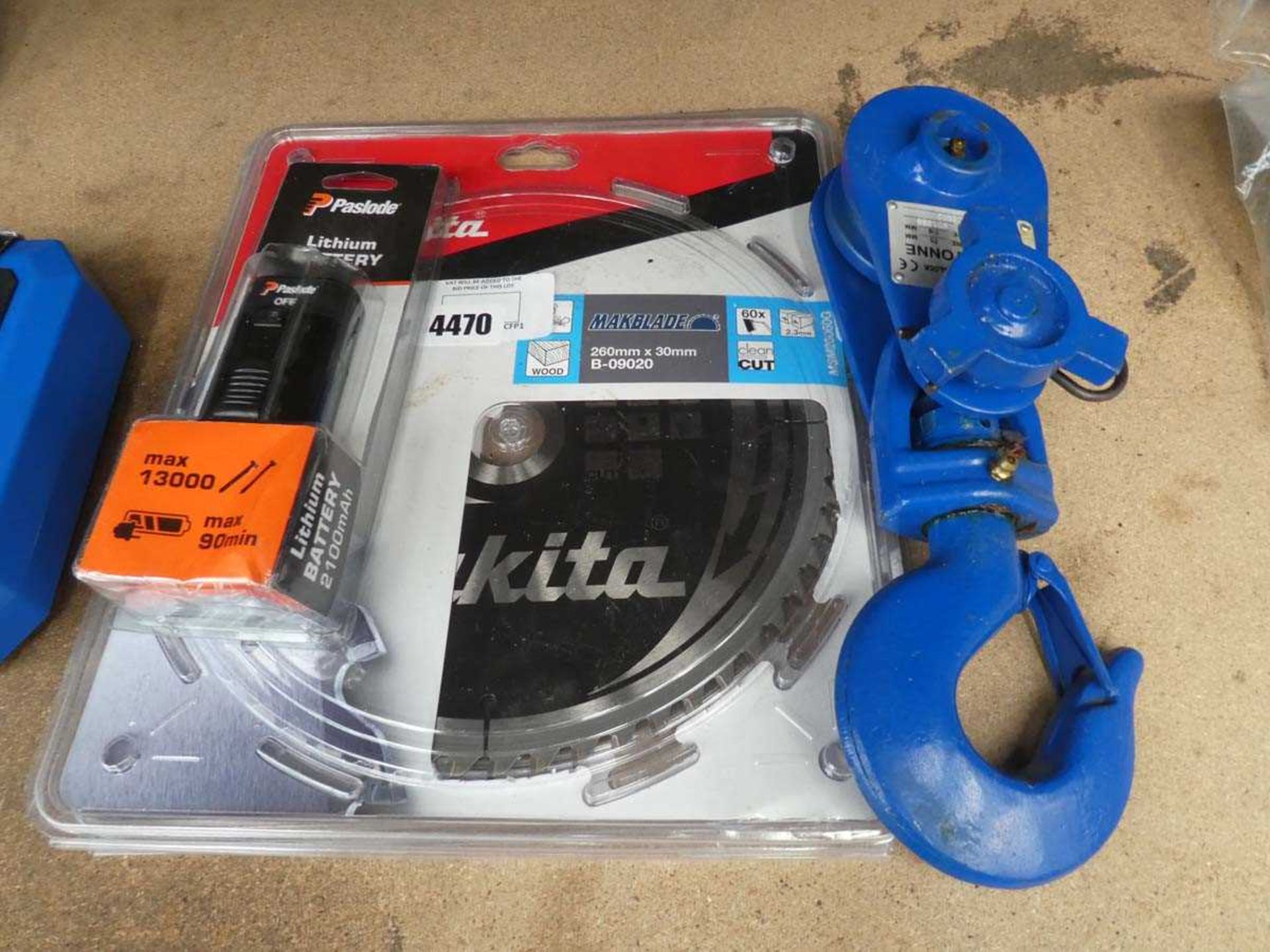 +VAT Paslode battery, Makita saw blade and a large shackle