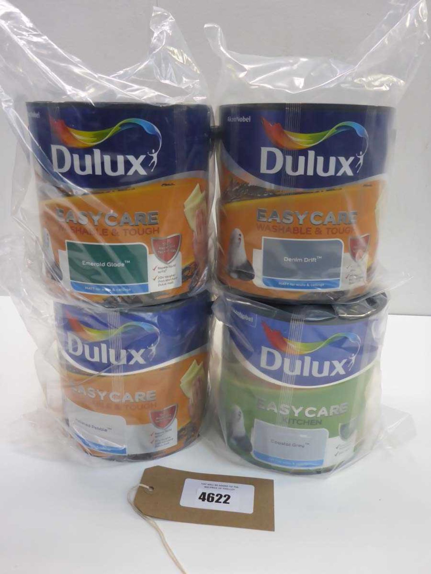 +VAT 4 2.5L tins of Dulux Easy Care paints in various shades