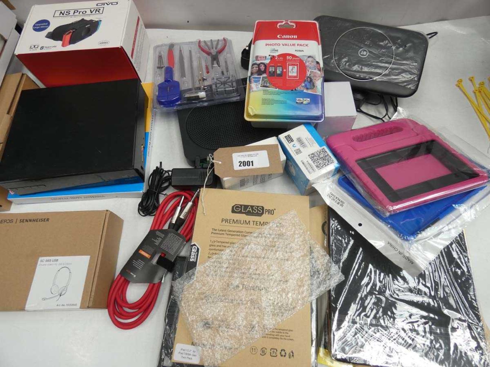 +VAT Mixed lot of routers, tablet covers, headset, watch repair kit, VR headset, NOS DVR, etc