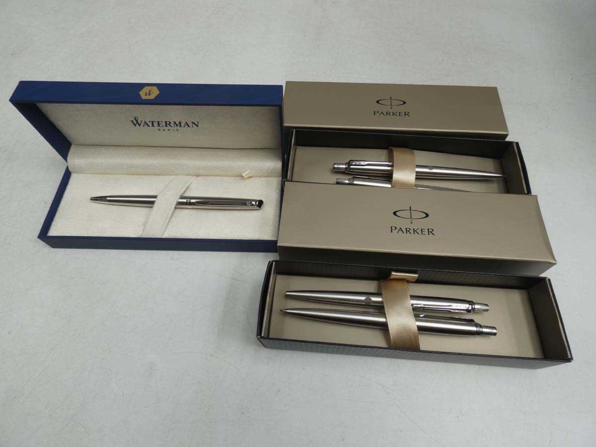 +VAT Waterman Paris ballpoint pen and 2x Parker Pen pencil & pen sets with custom engraving