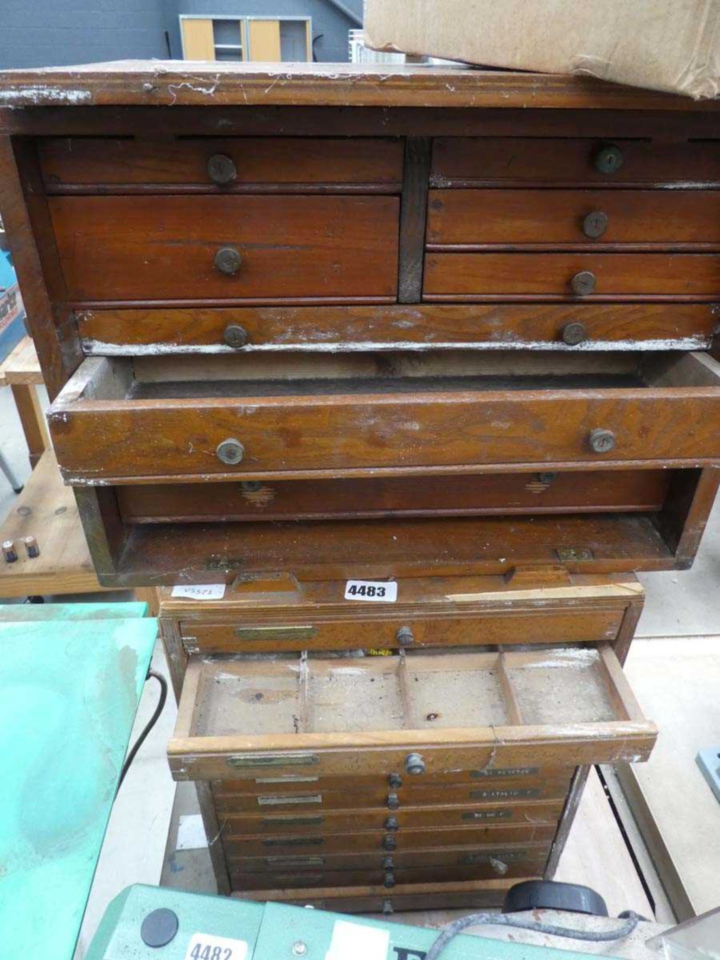 2 vintage wooden toolboxes with quantity of engraving tools and numbers/letters