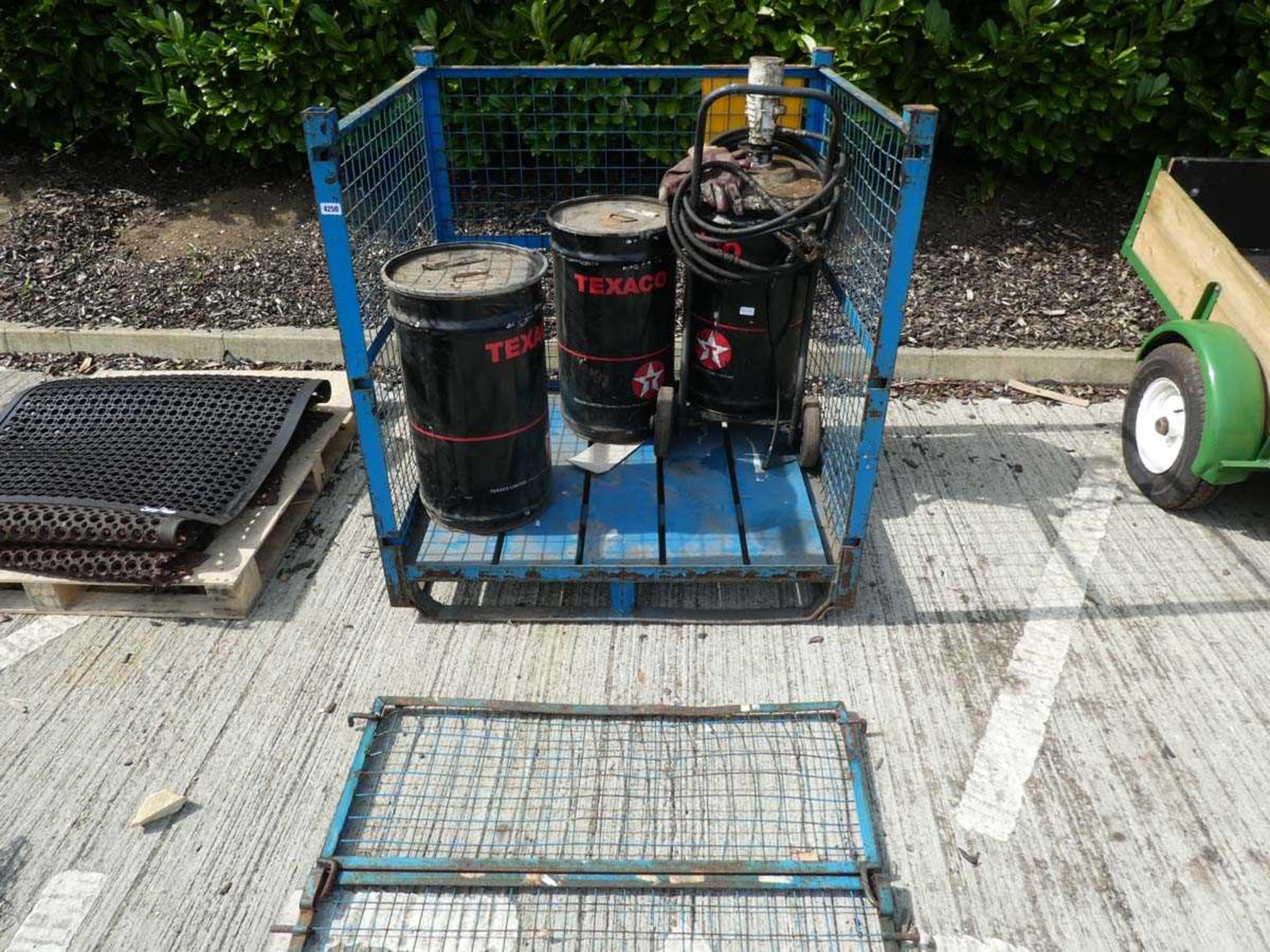 Large blue wire cage and grease dispenser, and 3 tubs of grease