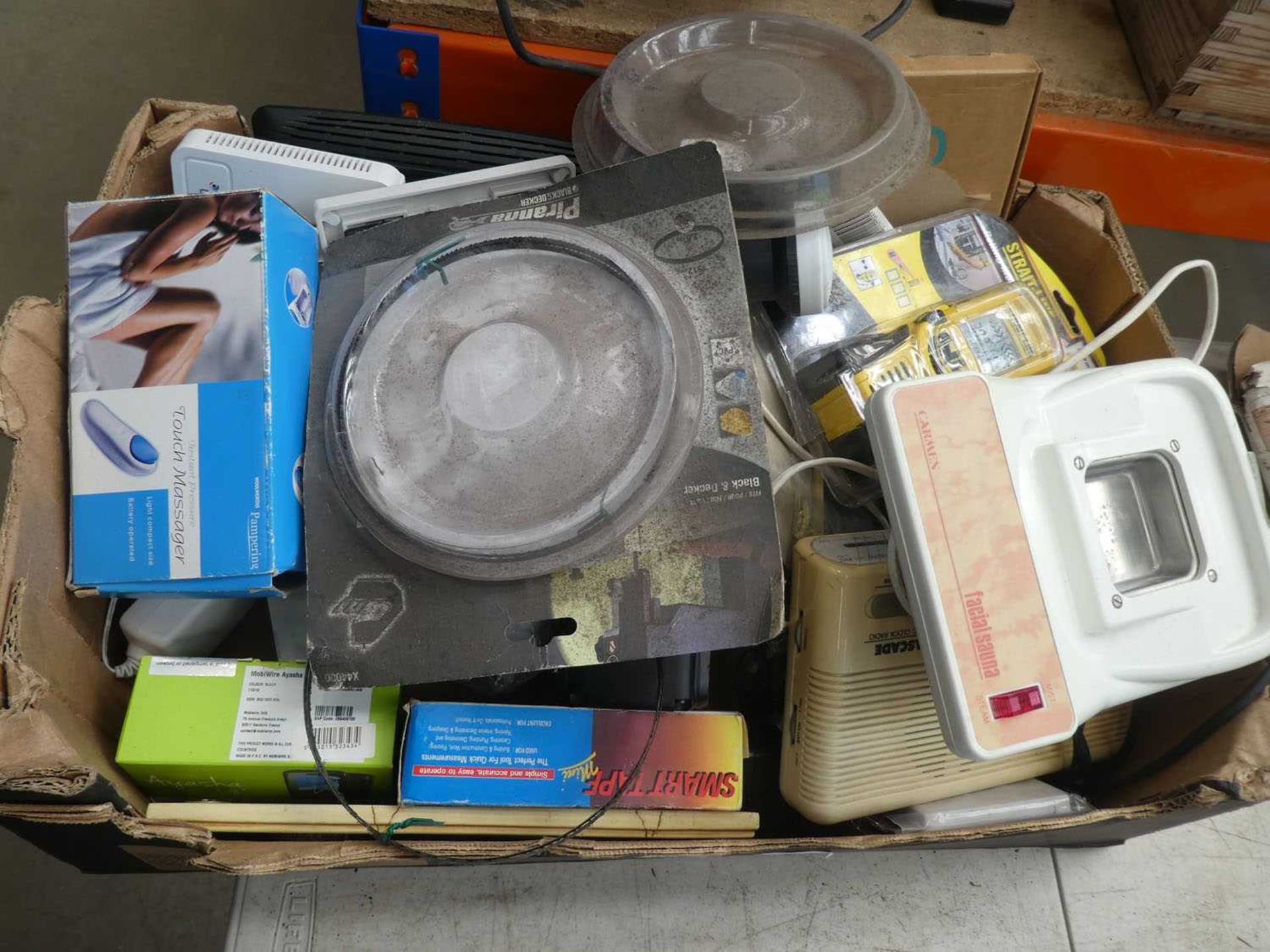 Box of old sockets, used door handles and assorted electrical items