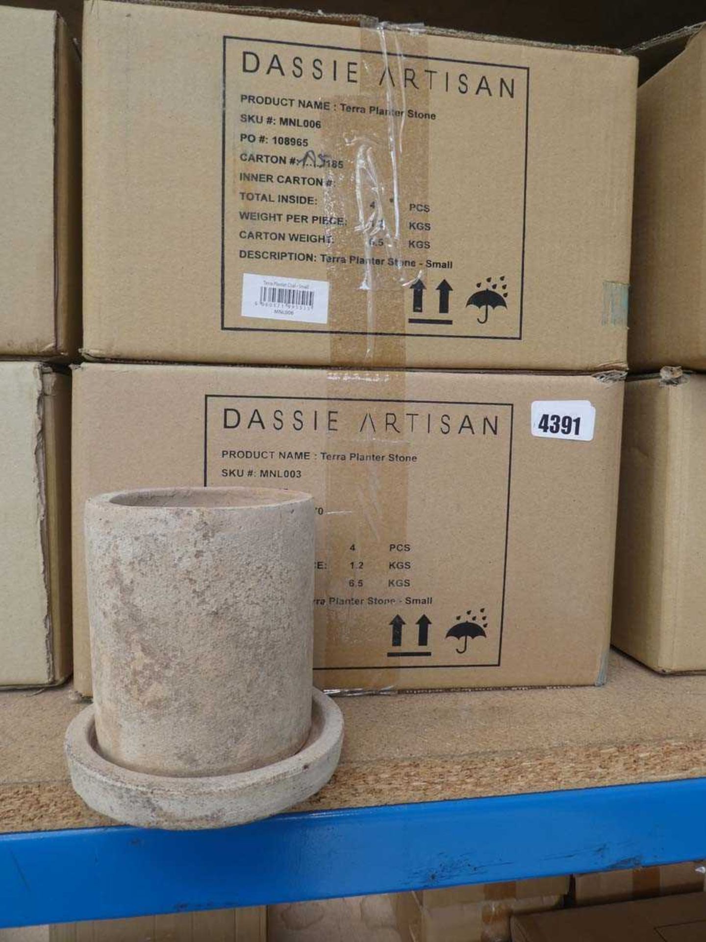 2 boxes containing 8 Dassie Artisan Terra planters in stone