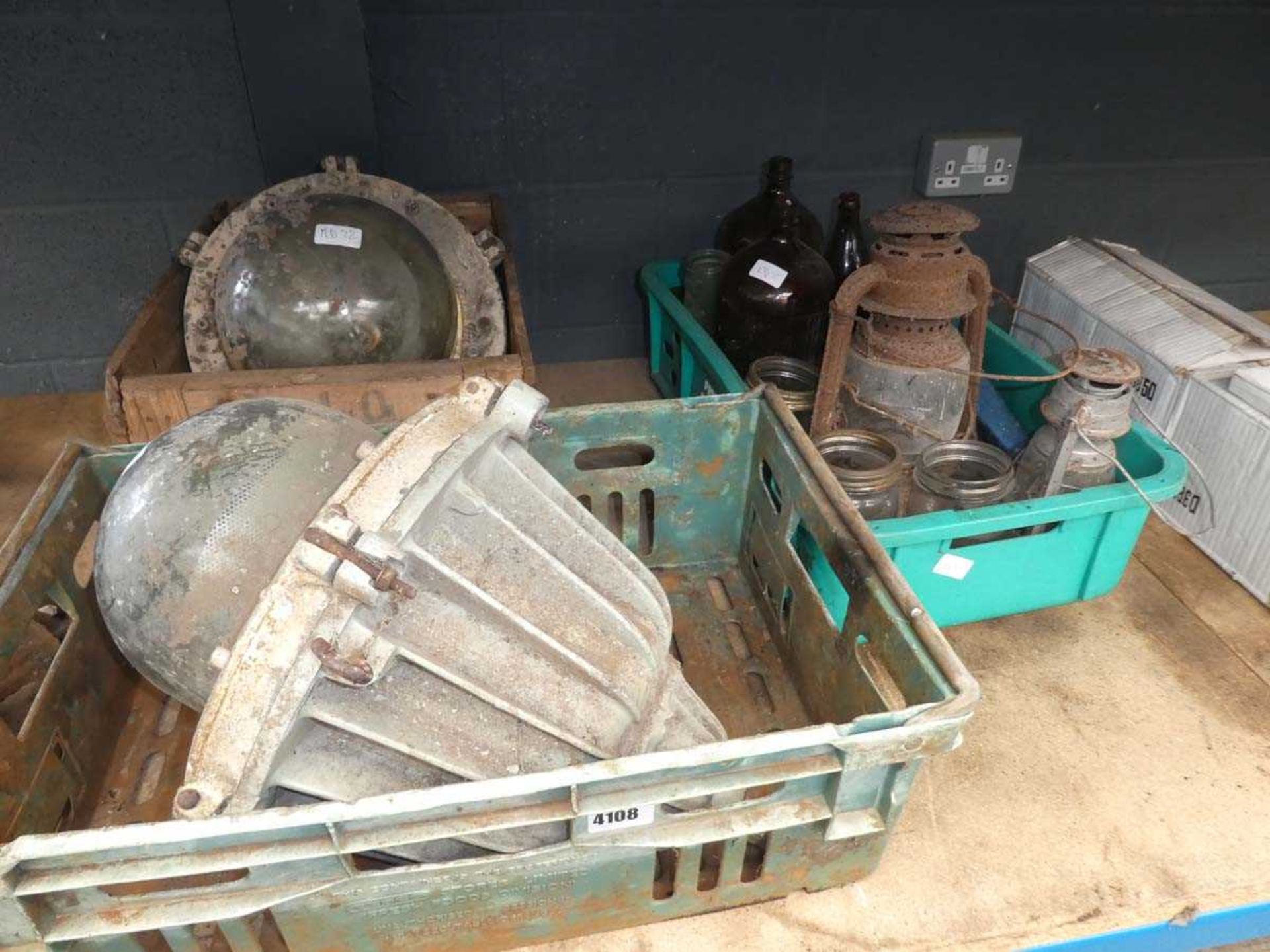 2 large vintage industrial style lights and a box containing jam jars and paraffin lamps