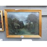 Oil on card of woodland with hut and cart