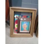 Gilt picture frame with oil painting of a portrait of a lady, plus an abstract and seascape
