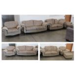 Green floral fabric 3 seater sofa plus matching 2 seater, pair of armchairs and footstool