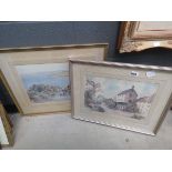 Two sturgeon prints, village scene plus cart of coastal path