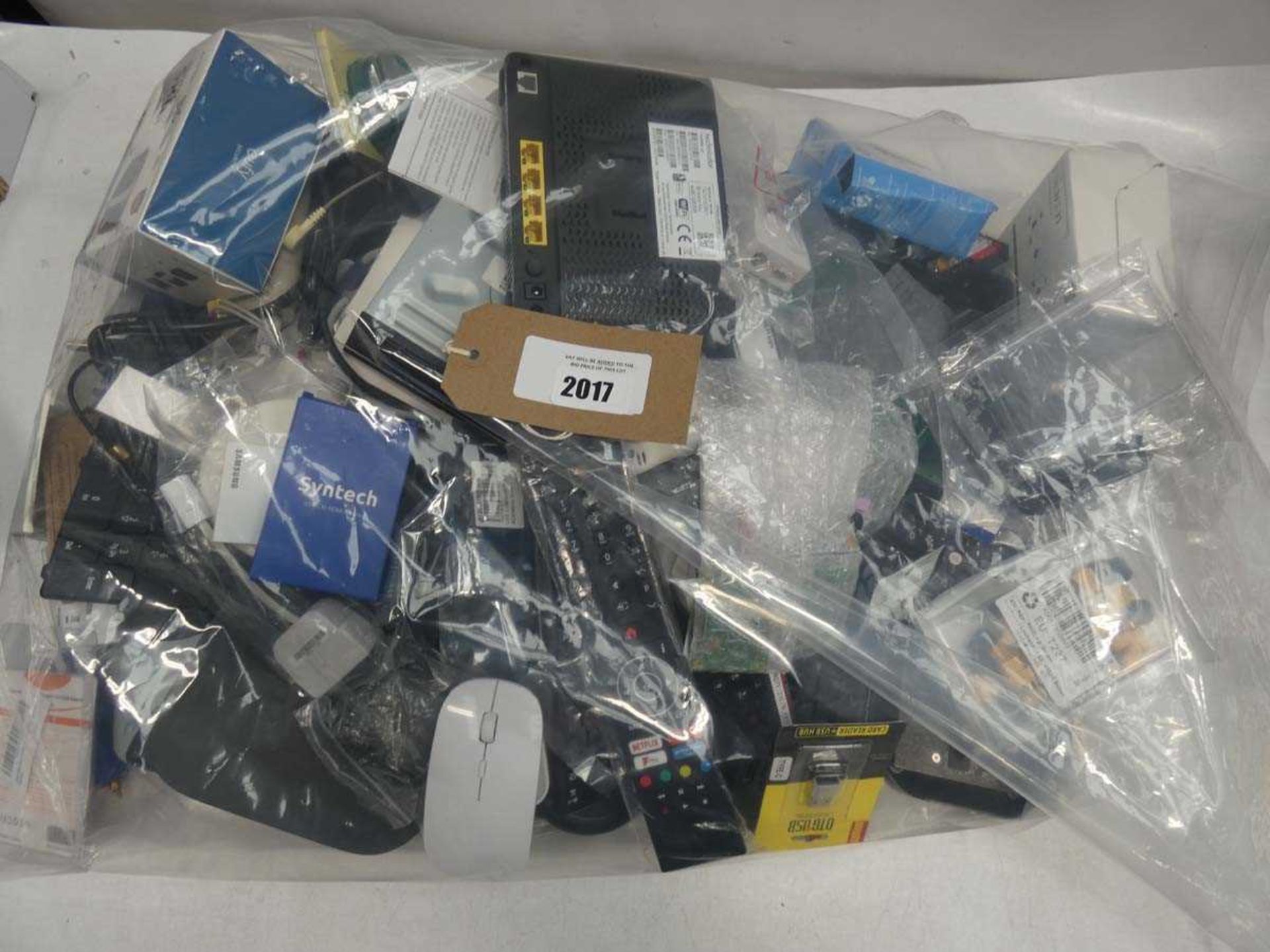 +VAT Bag containing routers, remotes, adapters, boards, hubs, cases, etc