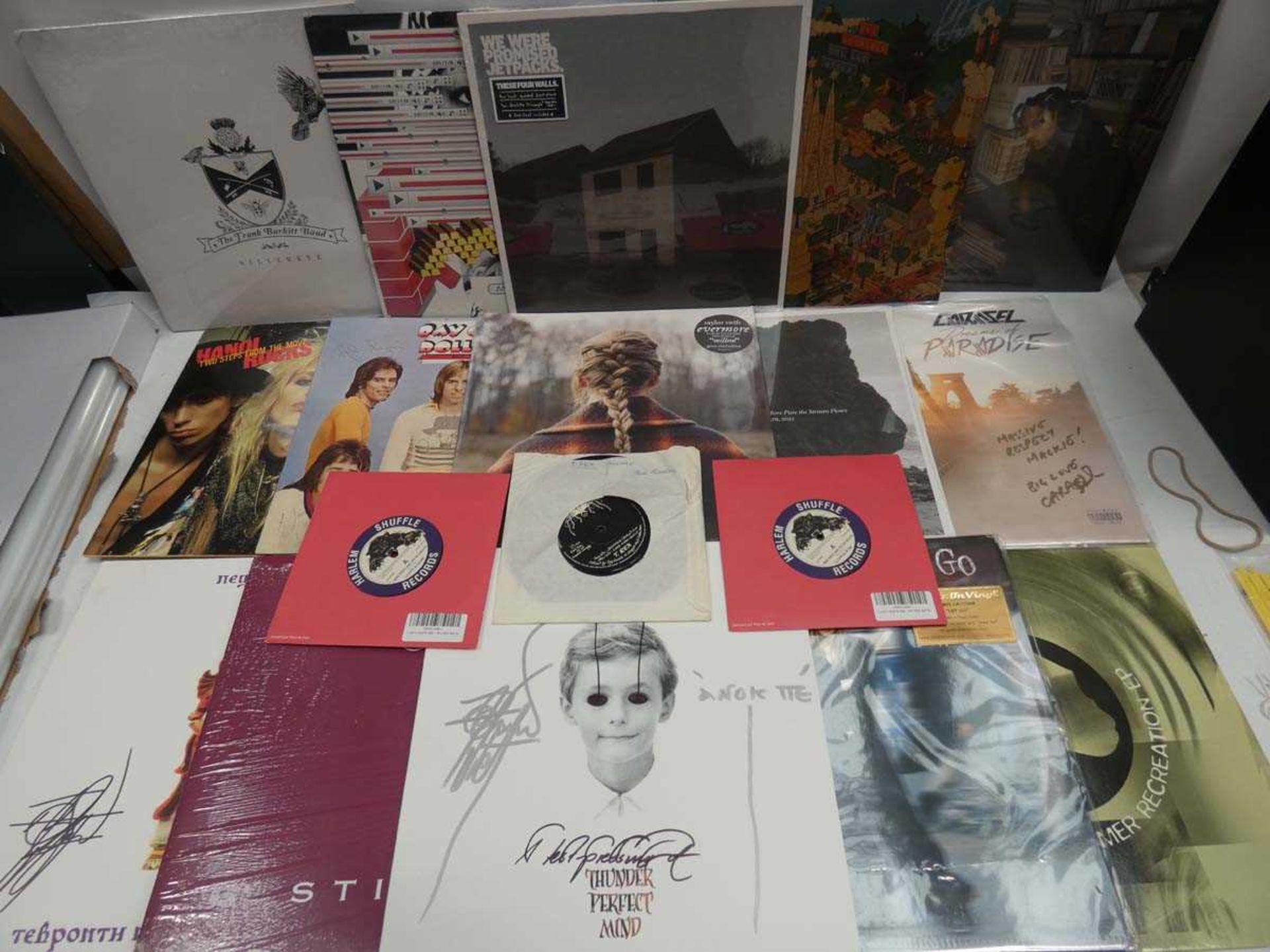 +VAT Box containing LP and 45 records to include Thunder Perfect Mind, Avril Lavigne, Bay City