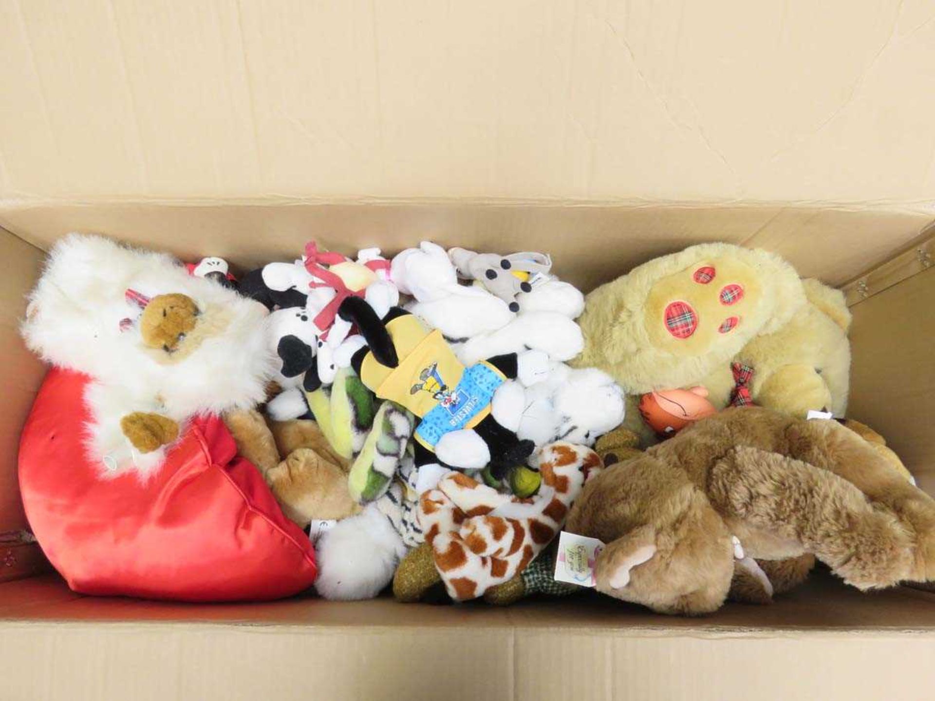 Large box containing various stuffed cuddly toys