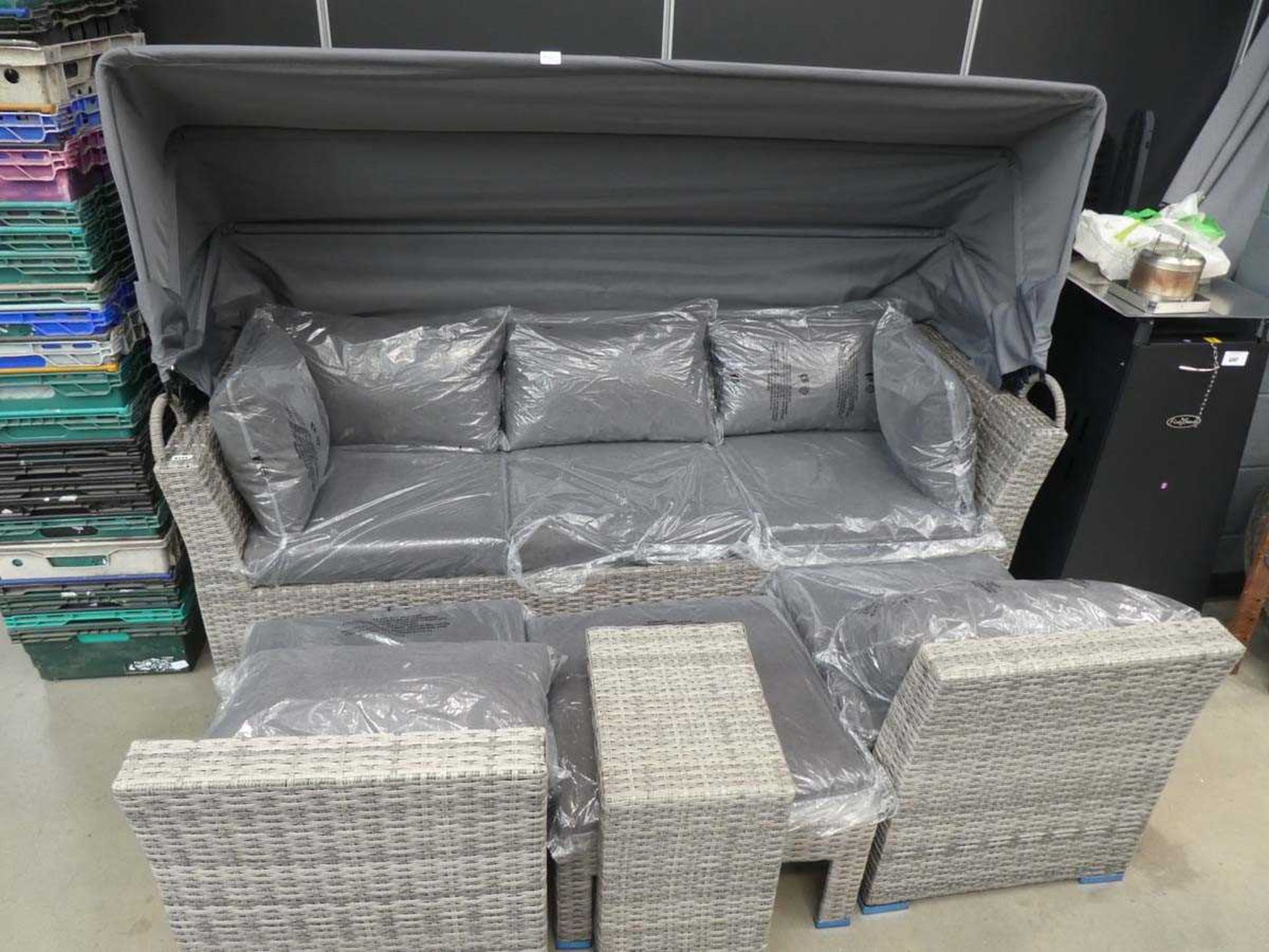 +VAT Large 3 seater rattan garden sofa with canopy, 2 matching chairs and 2 side tables