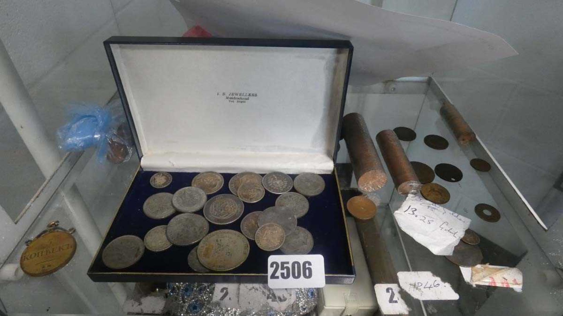 Tray containing various silver and other coins inc. Australian 1944 florin and 1877 German mark