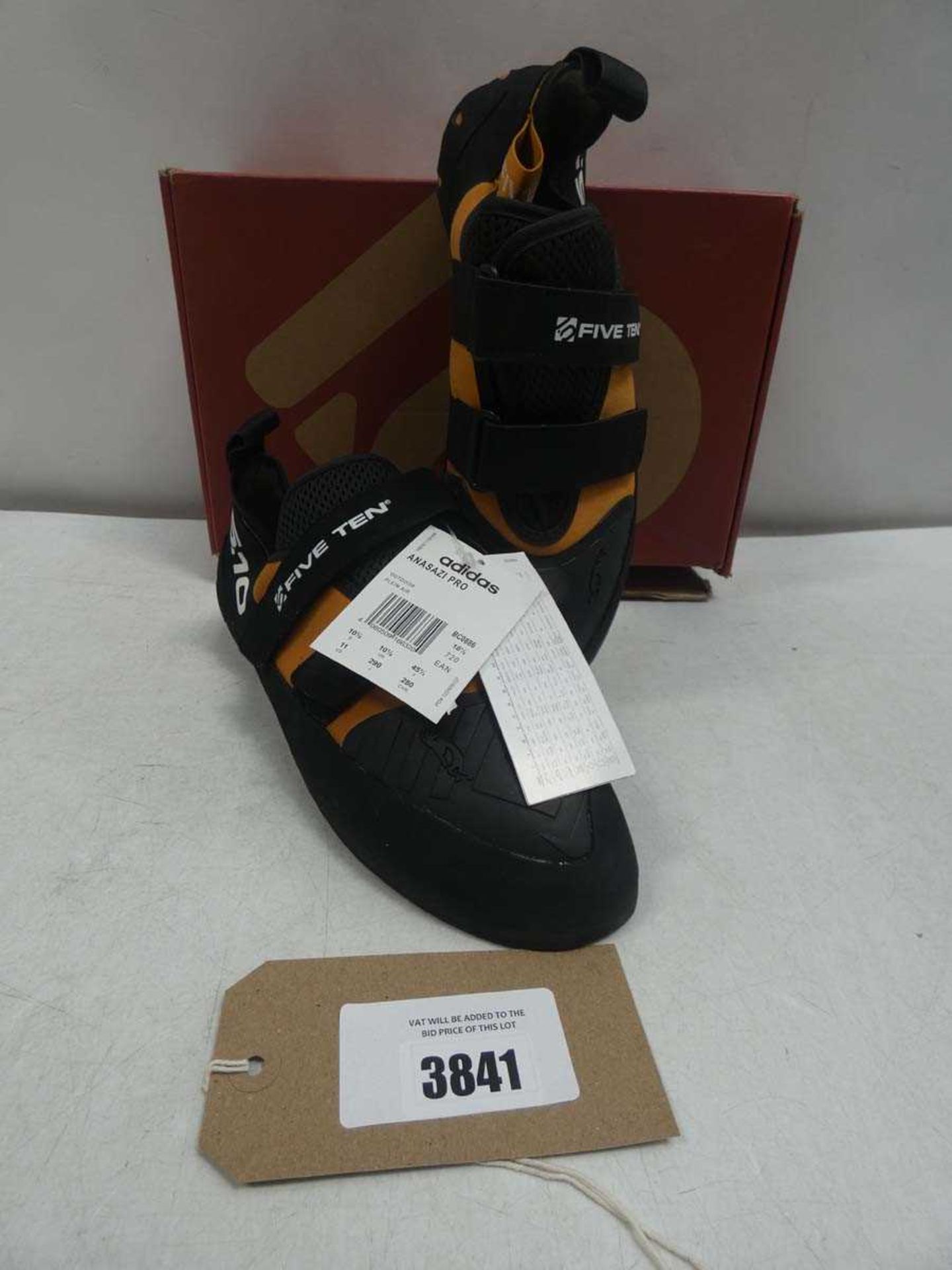+VAT Boxed pair of Five Ten with Stealth Adidas anasazi pro climbing shoes in black / orange size UK