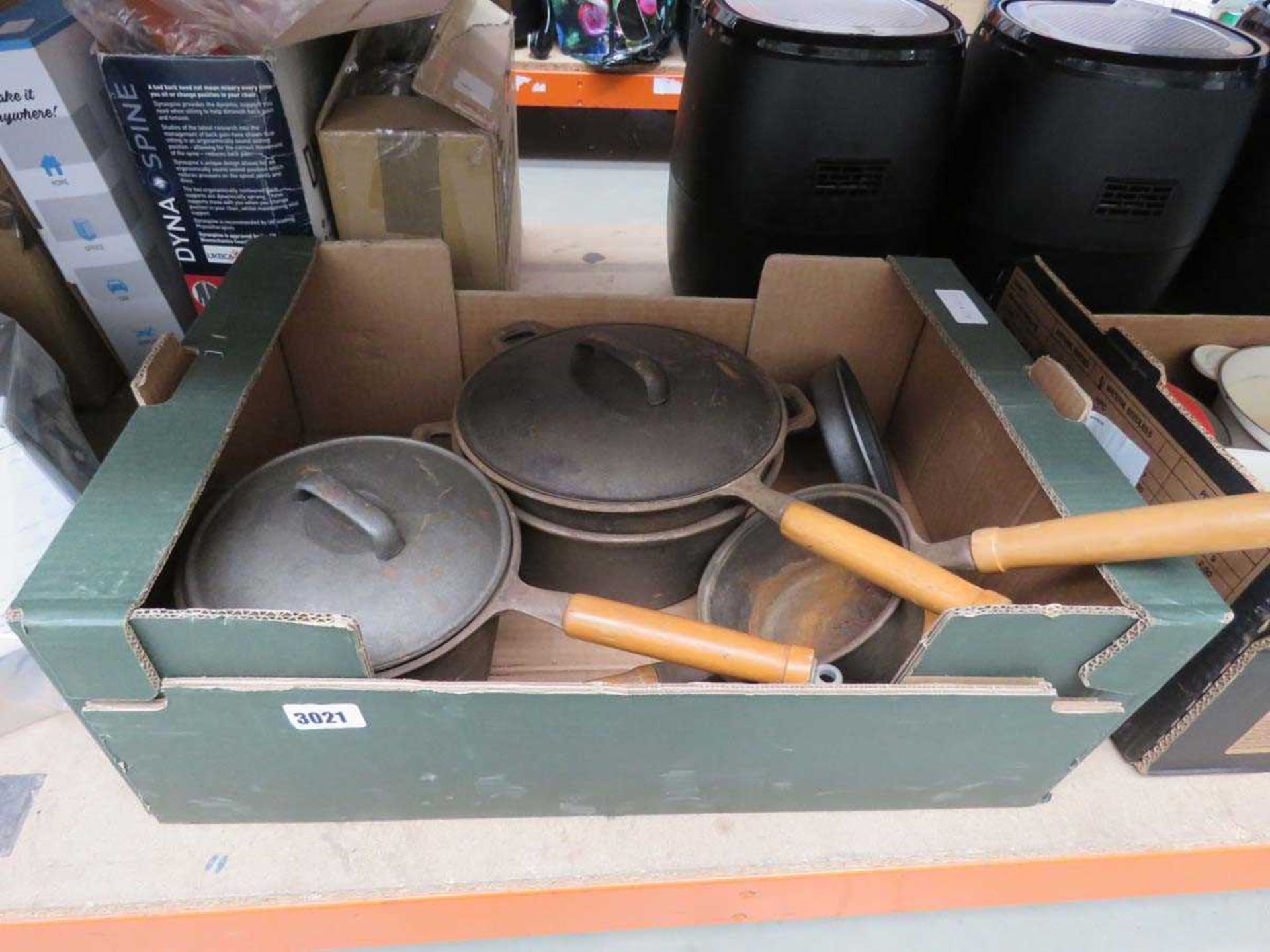 Tray of pans, saucepans etc